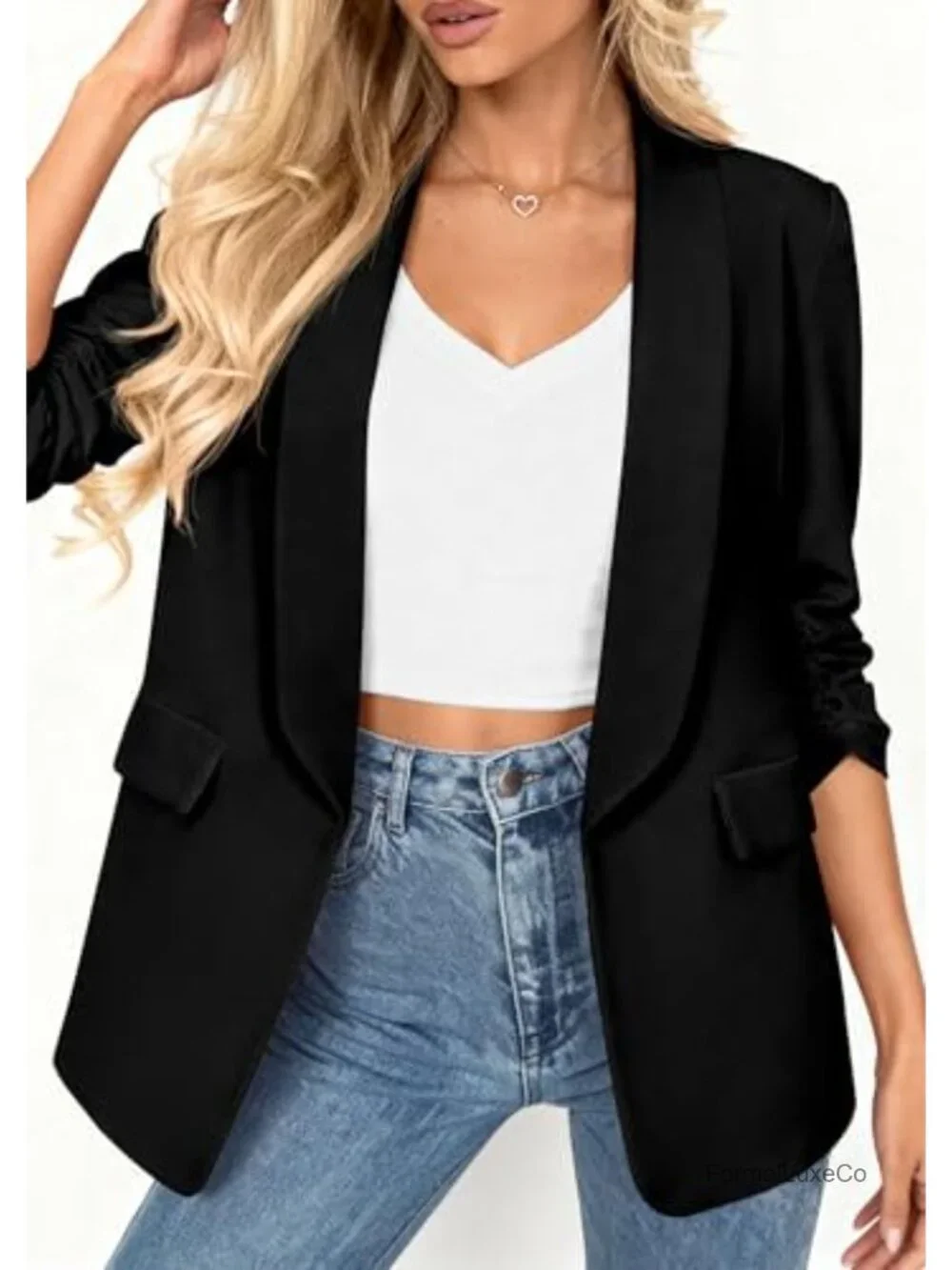 Women's Open Front 3/4 Sleeve Ruched Blazer Business Casual Lightweight Suit